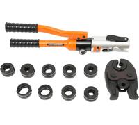 Outil de sertissage hydraulique - Pince à sertir manuelle - Jeu de 10 mâchoires V & M 12–28 mm - Pour la plomberie, le chauffage et le CVC - Orange et noir