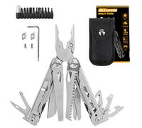 Outil multifonction 28 en 1 pour homme avec pince et 11 embouts | Pince coupante, pince à dénuder, lames droites et lames dentelées ; pliable ; verrouillage de sécurité ; acier inoxydable.