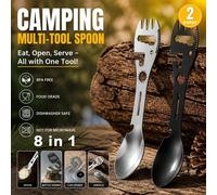 Outil multifonction de camping 8-en-1 en acier inoxydable avec fourchette, cuillère, ouvre-bouteille, ouvre-boîte, couteau de coupe, clé - ustensile d'extérieur durable et portable pour la randonnée, 
