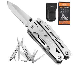 Outil multifonction pliable 18 en 1, comprenant une pince, des tournevis, un décapsuleur, une paire de ciseaux amovible, en acier inoxydable, de couleur argent, avec étui en nylon
