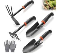 Outils Jardinage 3 pièces avec Poignée Antidérapante, Kit Petite Pelle Jardin pour Ameublir Le Sol, Désherber, Repiquer (Pelle,Transplantateur, houe Double, Râteau Cinq Dents)