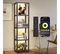 OUTON 170 cm Vitrine en Verre, Éclairage, Étagère Ouverte, Noir | Lampadaire LED à Intensité Réglable, Télécommande et Application, Objets de Collection, Salon, Chambre