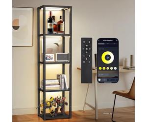 OUTON 170 cm Vitrine en Verre, Éclairage, Étagère Ouverte, Noir | Lampadaire LED à Intensité Réglable, Télécommande et Application, Objets de Collection, Salon, Chambre