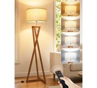 OUTON Lampadaire en Bois avec Télécommande et Variateur, Marron | Pour chambre, éclairage LED réglable, abat-jour en lin, structure en bois massif