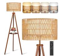 OUTON Lampadaire Trépied Bois Massif, Double Abat-Jour Rotin et Lin | Télécommande, dimmable, 4 températures de couleur, étagères, style boho, salon, chambre, bureau, Noyer