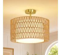 OUTON Plafonnier Boho en Rotin, 3 Points Lumineux, Ø43 cm, Doré | Rotin naturel extérieur, abat-jour intérieur en tissu, pour salon, chambre, salle à manger, cuisine et entrée, 3 × E27