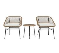 Outsunny 3-Piece Rattan PE and Steel Garden Set, Set of 2 Chairs with Cushions and Cylinder Coffee Table with Glass Top, Balcony Furniture Set, for Patio and Courtyard, Wooden Colour