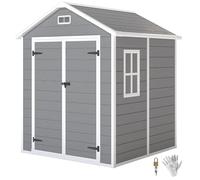 Outsunny Abri de Jardin en résine 2,7 m² avec Plancher Structure en Aluminium 182 x 151 x 219 cm, cabane de Jardin cabanon Rangement Outils Portes avec Serrure et clés 3 fenêtre, Gris