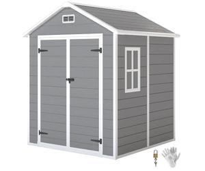 Outsunny Abri de Jardin en Résine 2,7 m² Plancher 182 x 151 x 219 cm Gris | Structure en Aluminium, Cabane de Jardin, Cabanon Rangement Outils, Portes avec Serrure et Clés, 3 Fenêtres