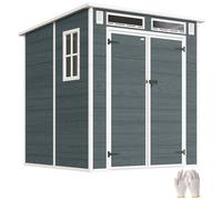 Outsunny Abri de Jardin en Résine 3,3 m² avec Double Porte, 3 Fenêtres et 2 Aérations - Cabanon de Rangement Anti-UV avec Plancher - Armoire de Jardin pour Stockage Extérieur Vélos, Gris Effet Bois