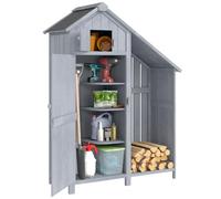 Outsunny Abri de Jardin extérieur 129x51.5x180cm Gris et Noir | 3 étagères, toit incliné, support à bois, porte-bûches, rangement outils jardin