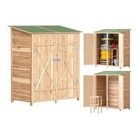 Outsunny Armoire de Jardin 2 Portes Verrouillables 140L x 75l x 157H cm | Cabane à Outils, Tabouret de Rangement, Toit en Bitume Imperméable, Bois de Sapin Pré-Huilé