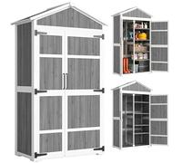Outsunny Armoire de Jardin en Bois - Abri de Jardin Extérieur Étanche avec Toit en Métal - Meuble de Rangement Terrasse à Double Porte pour Outils de Jardinage 105x55x179cm, Blanc et Gris