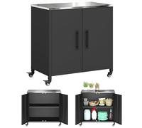 Armoire de jardin - Outsunny - Toit en Acier Inoxydable, Roulettes, Étagère Amovible - Métal - 80 x 50 x 90 cm - Noir