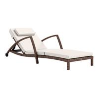 Outsunny Bain de soleil, chaise longue en résine tressée avec dossier réglable, roulettes, coussin et accoudoirs, marron et beige