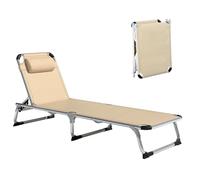 Outsunny Bain de Soleil Chaise Longue Pliante avec appuie-tête, transat inclinable en Aluminium et textilène, pour Jardin extérieur pour Plage Relax Camping Piscine terrasse, 165x60x76cm, Beige