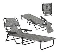 Outsunny Bain de Soleil Chaise Longue Pliante avec appuie-tête, Trou de Lecture, Dossier inclinable en textilène, transat Jardin extérieur pour Plage Relax Camping Piscine terrasse, Gris mélangé