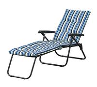 Outsunny Bain de soleil pliable transat inclinable 6 positions grand confort avec matelas + accoudoirs acier polyester gris rayé bleu et blanc