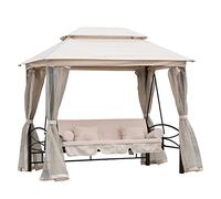 Outsunny Balancelle de Jardin 3 Places Convertible Style Colonial Grand Confort 2 Coussins + Matelas + moustiquaires Inclus Noir Beige