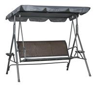 Outsunny Balancelle de Jardin 3 Places Toit Réglable Gris Foncé et Marron | Porte-Gobelets et Plateaux, Assise Dossier Ergonomique, Résine Tressée PE, Cadre Acier, Polyester