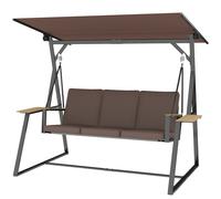 Outsunny Balancelle de Jardin Extérieure 3 Places avec Toit Ajustable 2 Plateaux Coussins et Structure Métallique Charge 360 kg Marron