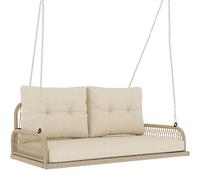 Outsunny Banc Suspendu Extérieure 2 Places en Résine Tressée avec Coussins et Chaînes en Acier, 115x66x44cm, Beige