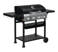 Outsunny Barbecue à gaz 4+1, barbecue au gaz propane 12,5 kW chariot de BBQ avec roulettes, grille chauffante, étagères, thermomètre, décapsuleur, noir