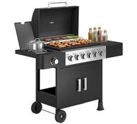 Outsunny Barbecue à gaz 6+1 brûleurs chariot portable avec roues, grille de maintien au chaud, thermomètre intégré, étagères latérales, placard et couvercle Noir