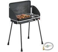 Outsunny Barbecue à gaz et réchaud de camping 2 en 1 avec 2 brûleurs 7 kW, grill à gaz GPL de table portable avec plaque, pieds amovibles, paravent, poignée, pour barbecue, pique-nique, jardin, noir