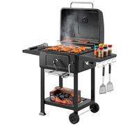 Outsunny Barbecue charbon de bois avec bac à charbon réglable, chariot grill de jardin fumoir avec grille de maintien au chaud, tablettes latérales, cheminée, aérations, roues et thermomètre, noir