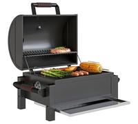 Outsunny Barbecue creux en bois avec grille, bac à charbon, barbecue de camping avec couvercle, poignée, thermomètre, barbecue en bois de table pour pique-nique, jardin, noir, 67 x 53 x 55 cm