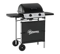 Outsunny Barbecue Gaz 2 Brûleurs en Acier Inoxydable, Puissance 2,8 kW, Barbecue de Jardin, 2 Grilles en Chromé, 2 Étagères Latérales, 2 Roues, pour Camping, Balcon et Terrasse, Noir