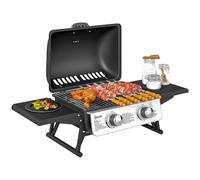 Outsunny Barbecue gaz de table transportable, 2 brûleurs 5,6 kW, barbecue gaz de camping avec grille de cuisson, étagères latérales, couvercle, thermomètre, pour camping, jardin et balcon, noir