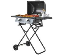 Outsunny Barbecue gaz transportable, 2 brûleurs 5,6 kW, barbecue gaz de camping avec étagères latérales thermomètre et roues, noir