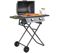 Outsunny Barbecue Gaz Transportable Pliable, 2 Brûleurs 5,6 kW, Barbecue Gaz de Camping avec Grille de Cuisson, Étagères Latérales, Couvercle, Thermomètre et Roues, pour Camping Jardin Balcon, Noir