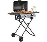 Barbecue gaz transportable - Outsunny - pliable - 2 brûleurs 5,6 kW - avec étagères latérales, thermomètre, couvercle, roues - noir