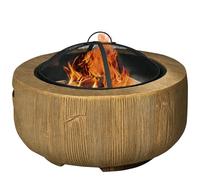 Outsunny Bol de feu, foyer avec couvercle, panier de feu avec tisonnier, en design de souche, pour jardin, camping, terrasse, acier, MgO, brun