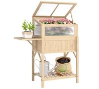 Outsunny Carré Potager sur Pieds avec Serre 104 x 50 x 120 cm Bois Naturel | Jardinière Surélevée en Bois, Table Latérale Pliante, Étagère de Rangement, pour Légumes, Fleurs, Herbes