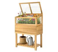 Outsunny Carré Potager sur Pieds avec Serre en Bois avec Couvercle Relevable, Étagère de Rangement, 80x45x108,5cm, Naturel