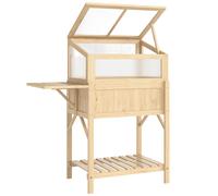 Outsunny Carré potager sur pieds avec serre, jardinière surélevée, table latérale pliante et étagère, 104x50x120cm, bois naturel