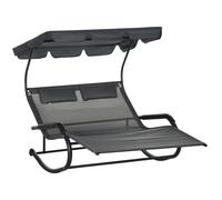 Outsunny Chaise longue double avec toit solaire appui-têtes bain de soleil à bascule ergonomique 2 roues 200 x 139 x 140 cm noir