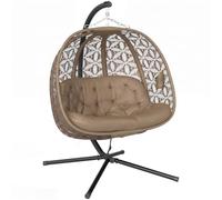 Outsunny Chaise suspendue double extérieure support métal marron sable | Coussin épais rembourré, panier pliable, porte-gobelets, pour intérieur et extérieur.