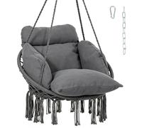 Outsunny Chaise Suspendue Grand Coussin Rembourré Tissage Serré Gris Foncé | Fauteuil Suspendu à Franges, Kit de Suspension Inclus, Hamac Cadre en Acier, Siège Suspendu Extérieur