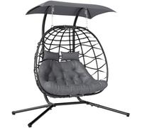 Outsunny Chaise Œuf Suspendue Double Baldaquin,Coussins,Appuie-tête,Noir | Chaise balançoire œuf en osier pliable avec support en acier, intérieur/extérieur, capacité 260 kg