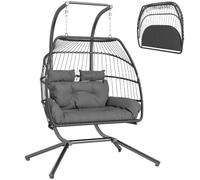 Outsunny Chaise Œuf Suspendue Double Pliable 260 kg Gris Foncé | Chaise balançoire œuf en osier, coussin résistant aux UV, appuie-têtes, hamac intérieur/extérieur