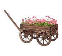 Outsunny Chariot à Fleurs en Bois Roues 120 x 41 x 54 cm Marron Carbonisée | Poignée, Bac à Fleurs, Brouette avec Trous de Drainage, Jardinière Décorative, Jardin, Balcon, Terrasse