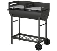 Outsunny Chariot barbecue au charbon avec 2 zones de cuisson grille réglable en hauteur étagère à bois roues poignée latérale, 103 x 46,5 x 100 cm