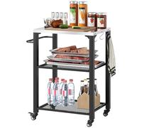 Outsunny Chariot de barbecue d'extérieur à trois étagères avec dessus en acier inoxydable, îlot de cuisine d'extérieur avec 4 roues, 3 crochets, table de four à pizza mobile pour cuisine, jardin, 65,5