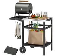 Outsunny Chariot de Barbecue en Acier Inoxydable avec étagère Pliante, Table de Cuisine extérieure pour Four à Pizza avec Roues, poignée, 6 Crochets et Housse de Protection, 91x58x76 cm, Noir