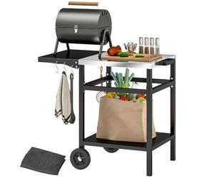 Outsunny Chariot de Barbecue en Acier Inoxydable avec étagère Pliante, Table de Cuisine extérieure pour Four à Pizza avec Roues, poignée, 6 Crochets et Housse de Protection, 91x58x76 cm, Noir